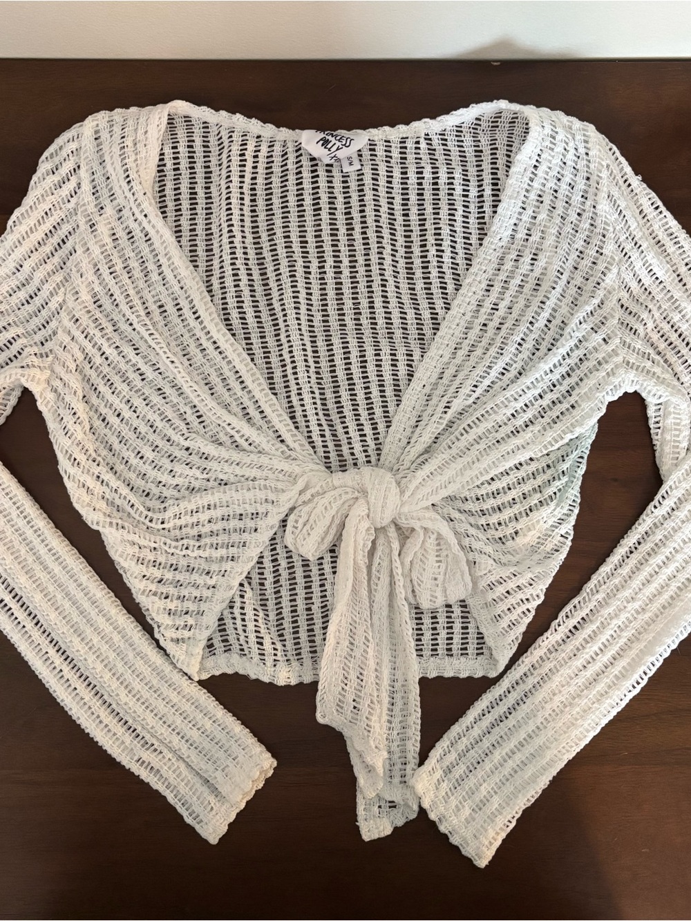 Princess Polly White Open-Knit Tie-Front Cropped Sweater